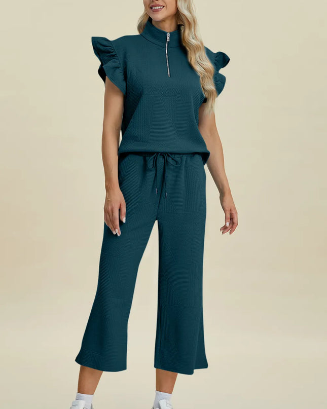 Double Take Full Size Texture Ruffle Short Sleeve Top and Wide Leg Pants Set