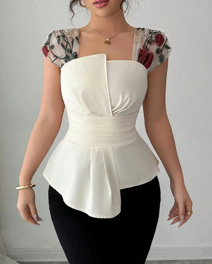 Floral Cap Sleeve Peplum Blouse Ivory