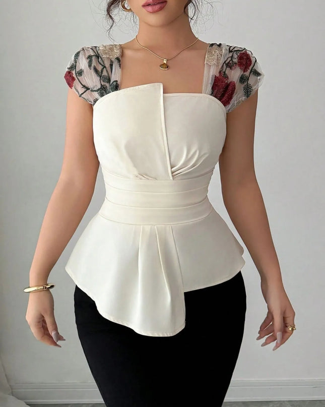 Floral Cap Sleeve Peplum Blouse Ivory