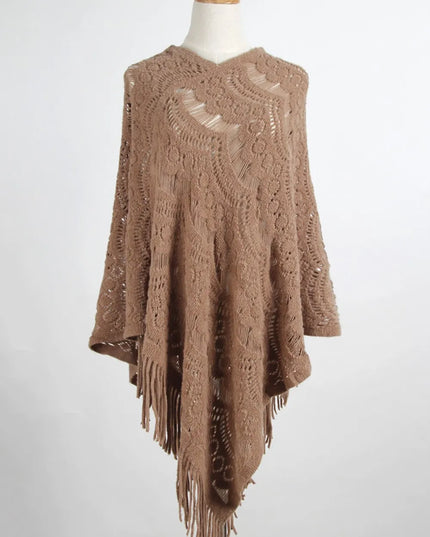Fringe Openwork Surplice Cape Sleeve Poncho Camel One Size
