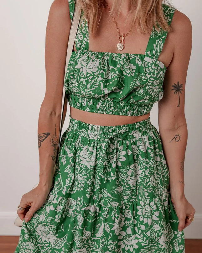 Floral Print Shirred Crop Top and Midi Skirt Set