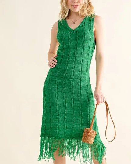 And The Why Checkerboard Drop-Needle Fringe Sleeveless Dress Green