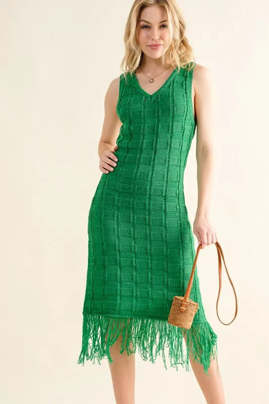 And The Why Checkerboard Drop-Needle Fringe Sleeveless Dress Green