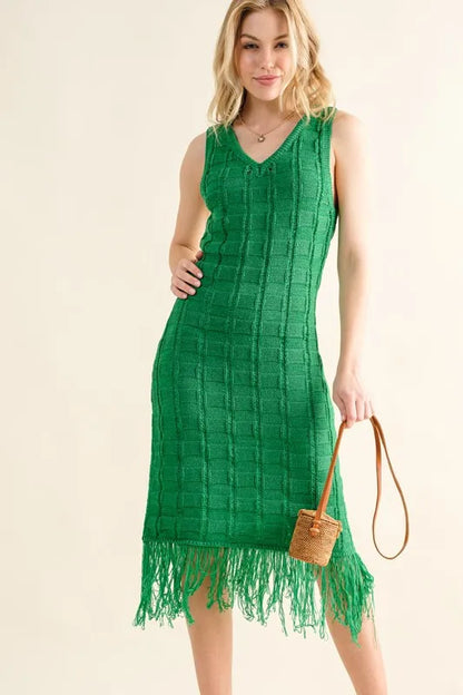 And The Why Checkerboard Drop-Needle Fringe Sleeveless Dress Green