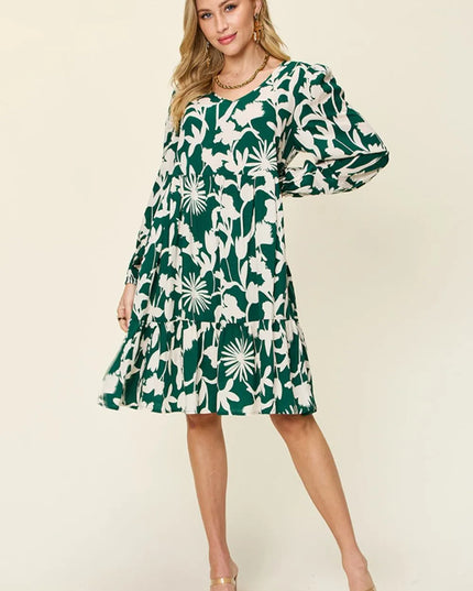 Double Take Full Size Printed Ruffle Hem Dress with Pocket