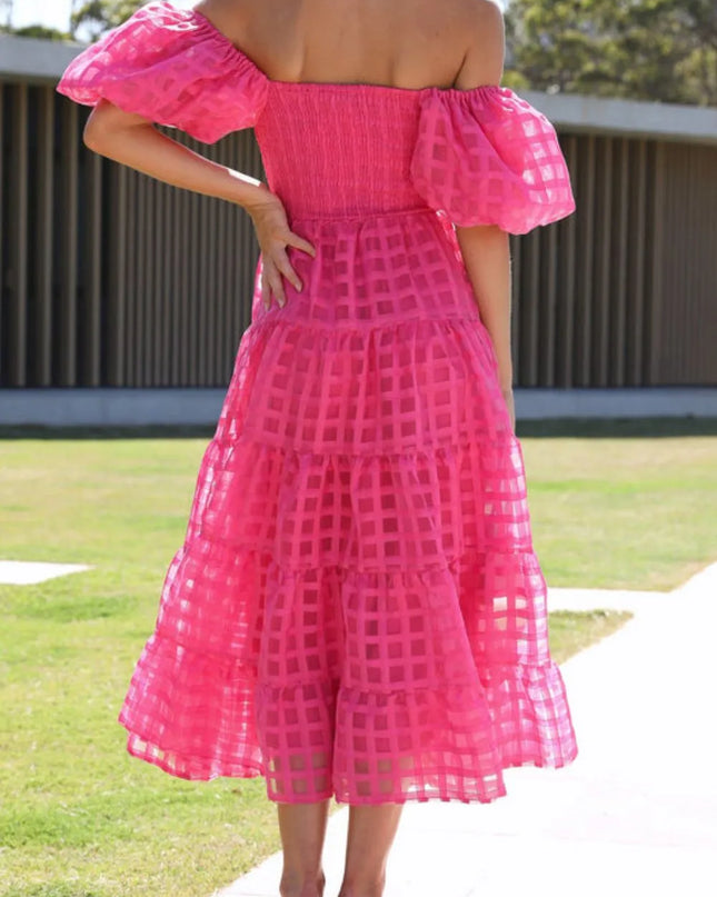 Off Shoulder Short Puff Sleeve Midi Dress