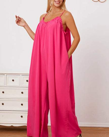 Double Take Full Size Ruffle Trim Tie Back Cami Jumpsuit with Pockets