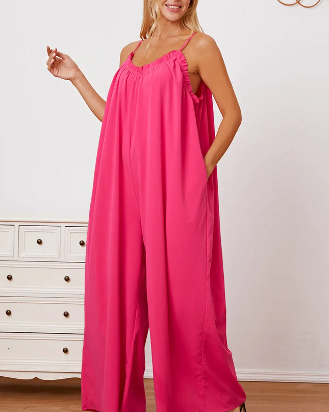Double Take Full Size Ruffle Trim Tie Back Cami Jumpsuit with Pockets