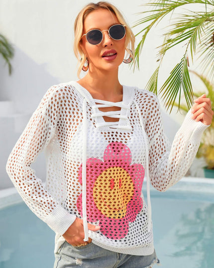 Angel Wings Flower Graphic Lace-Up Openwork Hooded Cover Up White