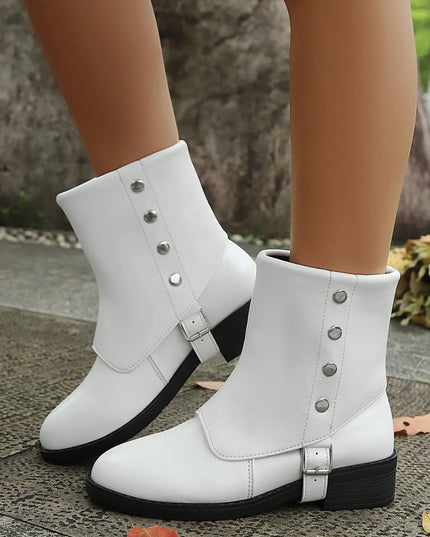 Buckle Block Heels Boots White