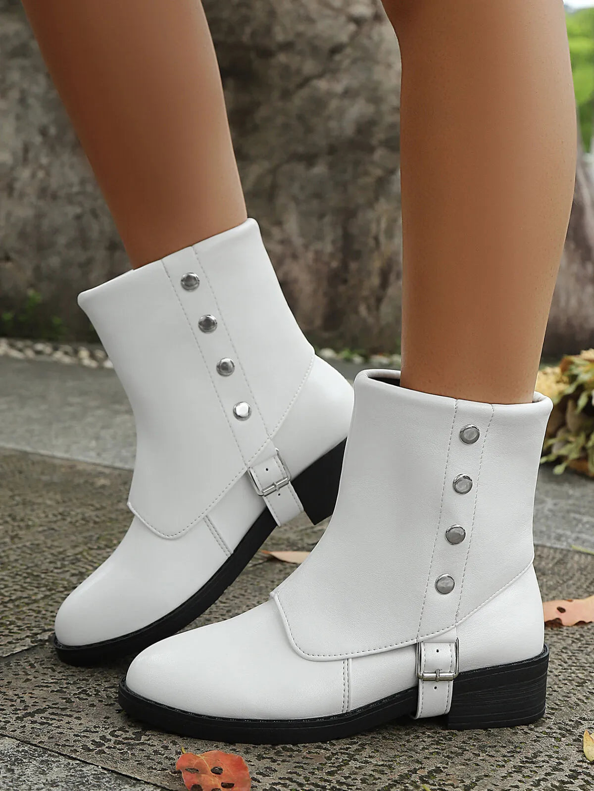 Buckle Block Heels Boots White