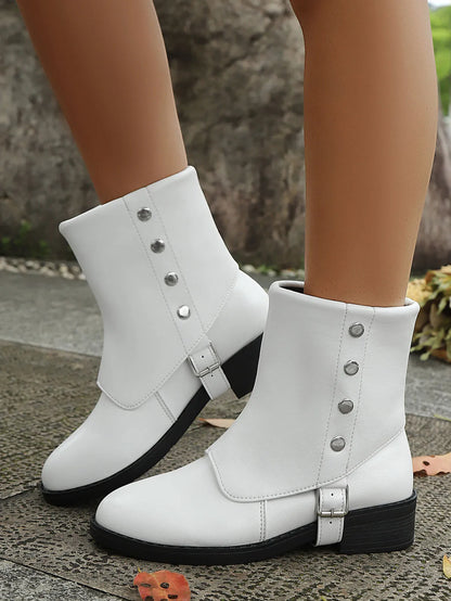 Buckle Block Heels Boots White