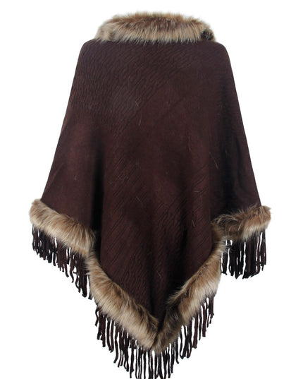 Faux Fur Trim Fringed Poncho