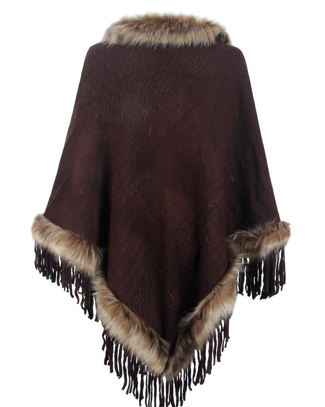 Faux Fur Trim Fringed Poncho