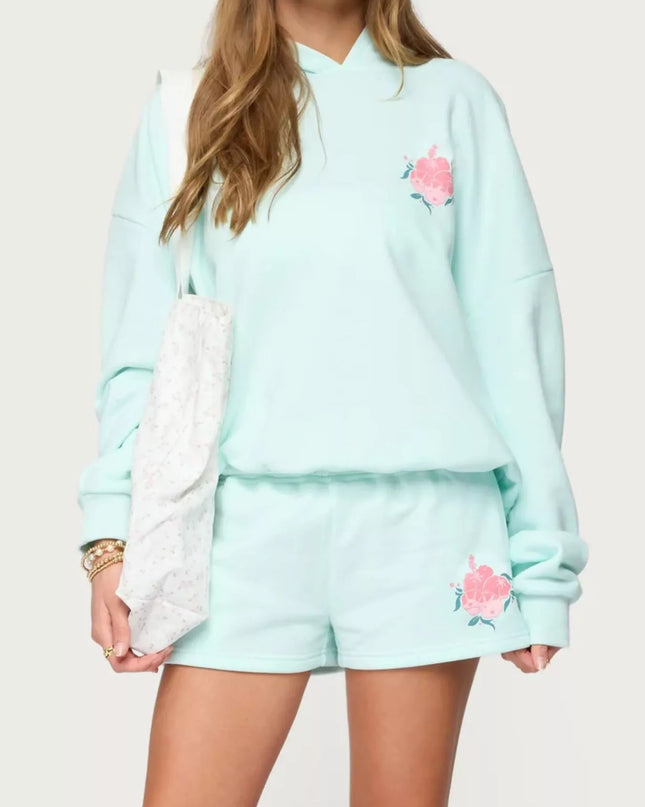 Drop Shoulder Graphic Hoodie with Kangaroo Pocket Mint Blue