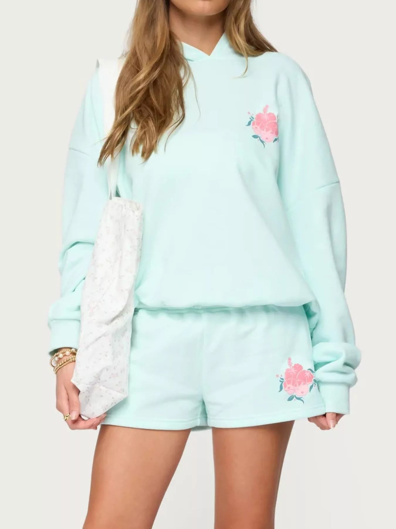 Drop Shoulder Graphic Hoodie with Kangaroo Pocket Mint Blue