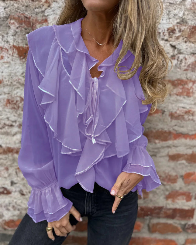 Ruffled Tie Front Flounce Sleeve Blouse Purple