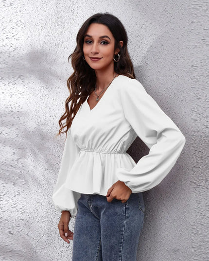 V-Neck Balloon Sleeve Peplum Blouse
