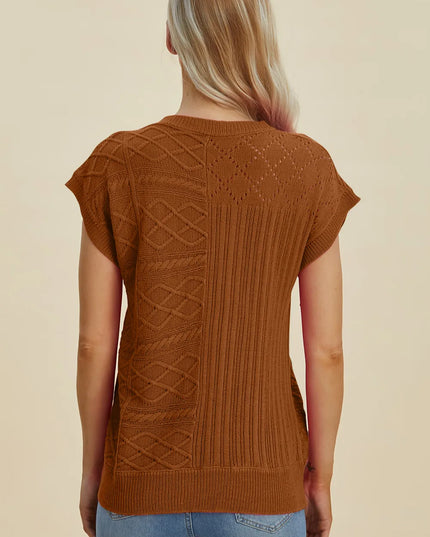 Double Take Full Size Cable-Knit Round Neck Cap Sleeve Sweater