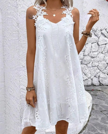 Lace Detail V-Neck Mini Dress White
