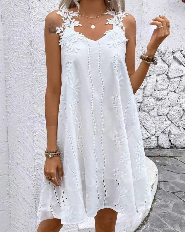 Lace Detail V-Neck Mini Dress White
