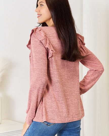 Double Take Square Neck Ruffle Shoulder Long Sleeve T-Shirt