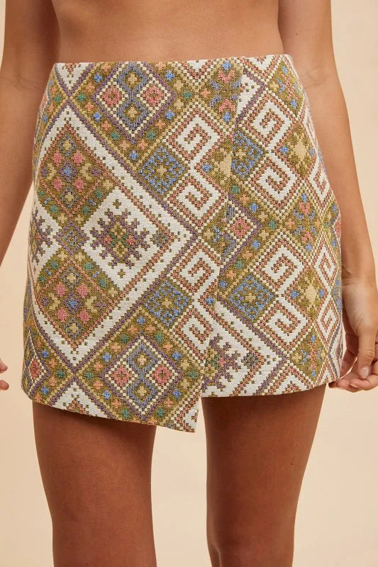Annie Wear Ethic Woven Jacquard Wrap Mini Skirt YELLOW GREEN MULTI