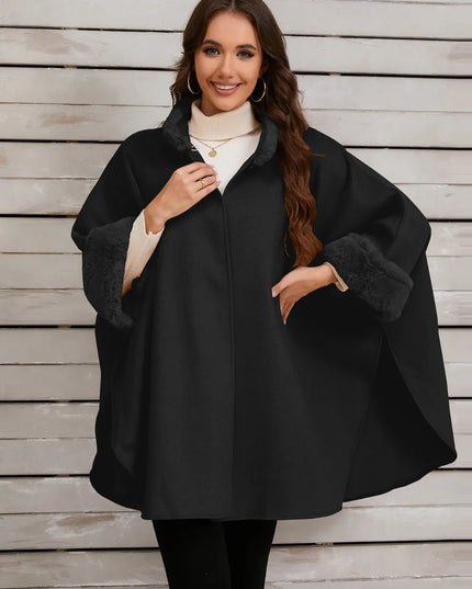 Fuzzy Trim Long Sleeve Poncho