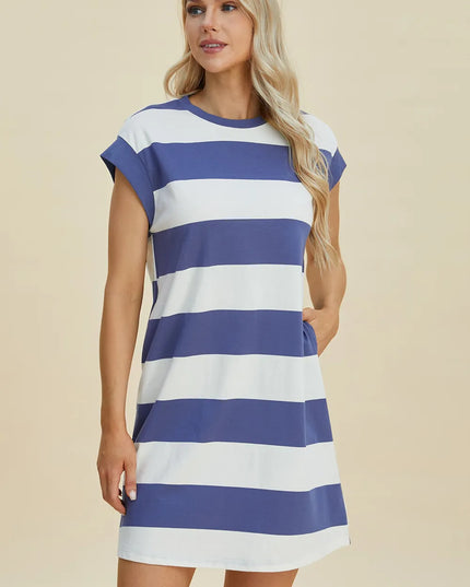 Basic Bae Full Size Striped Round Neck Cap Sleeve Mini Dress