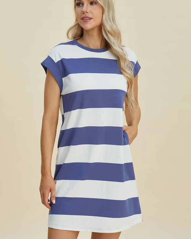Basic Bae Full Size Striped Round Neck Cap Sleeve Mini Dress