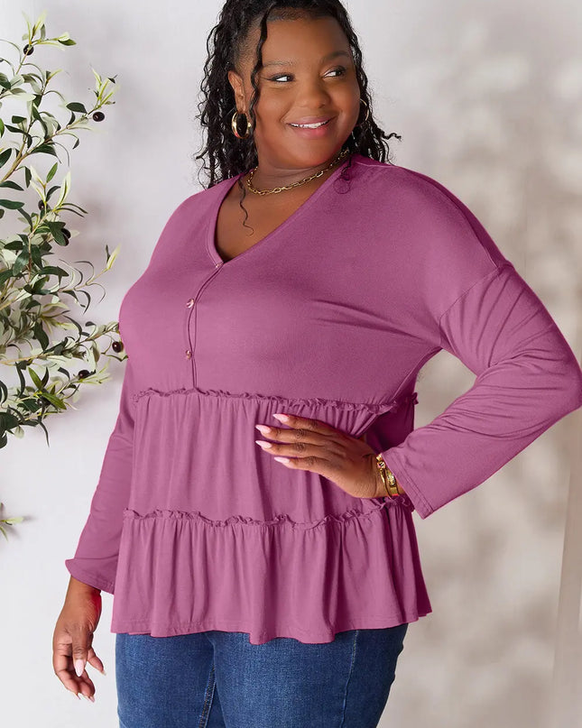 Double Take Half Button Long Sleeve Ruffle Hem Blouse