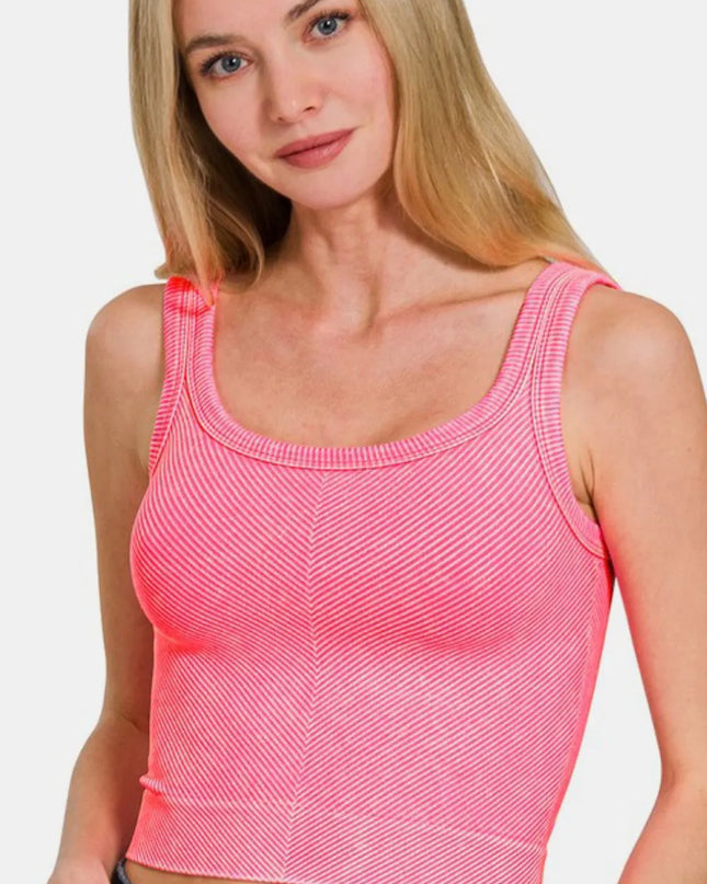 Zenana Washed Ribbed Scoop Neck Wide Strap Tank N Coral Fuchsia