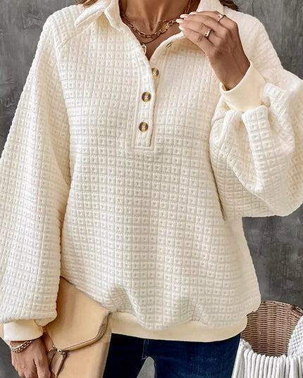 Textured Half Button Collared Sweatshirt Cream