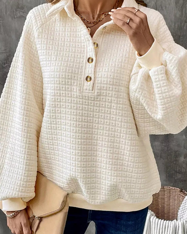 Textured Half Button Collared Sweatshirt Cream