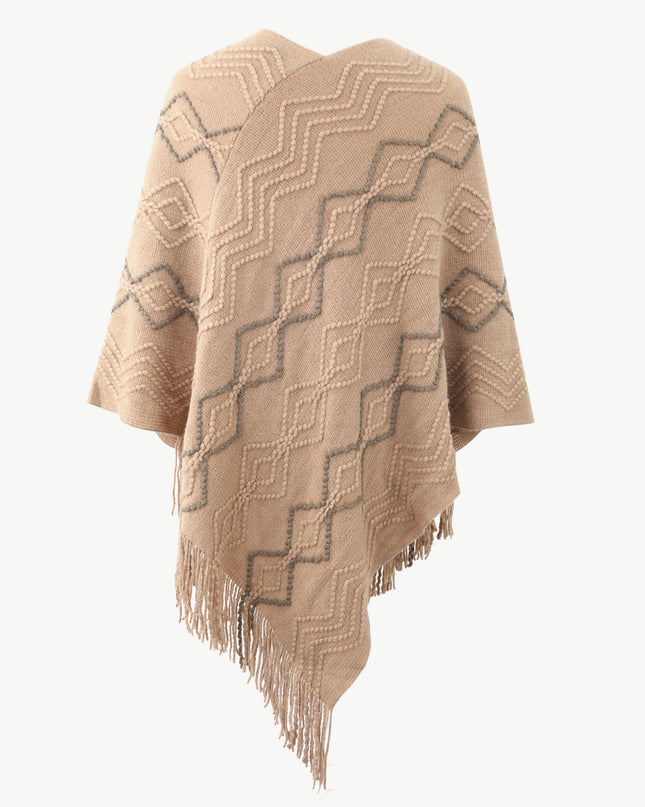 Pearl Trim V-Neck Fringe Hem Poncho