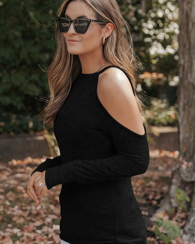 Round Neck Cold Shoulder Long Sleeve Top