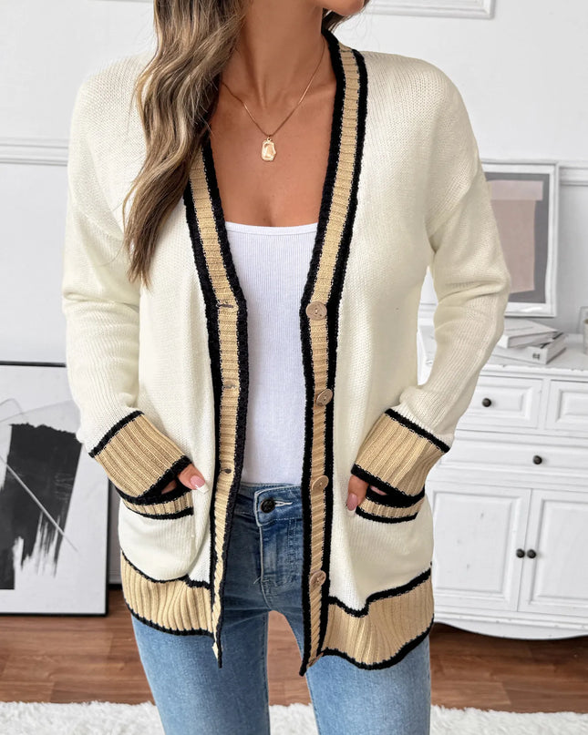 Contrast Trim Button Up Knit Cardigan