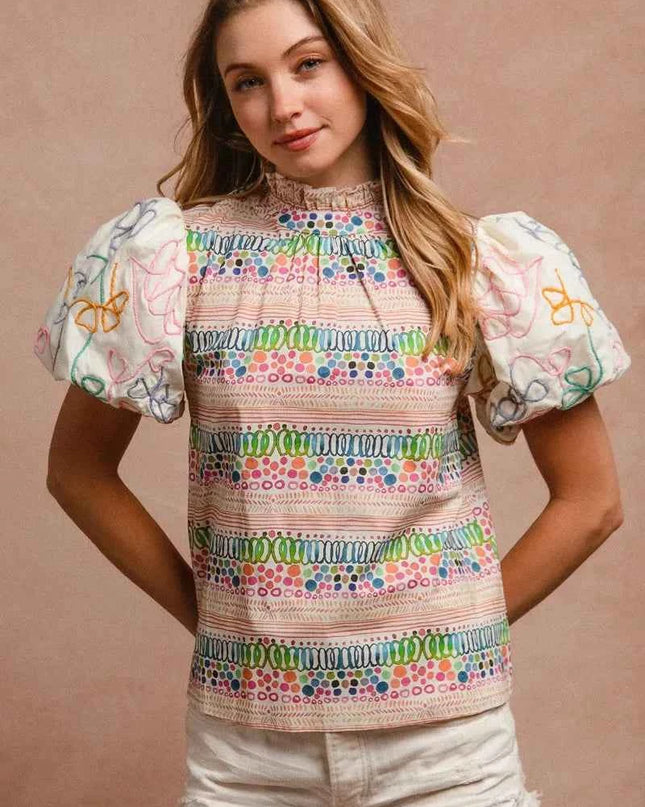 BiBi Ruffle Neckline Blouse With Embroidery Bubble Sleeve