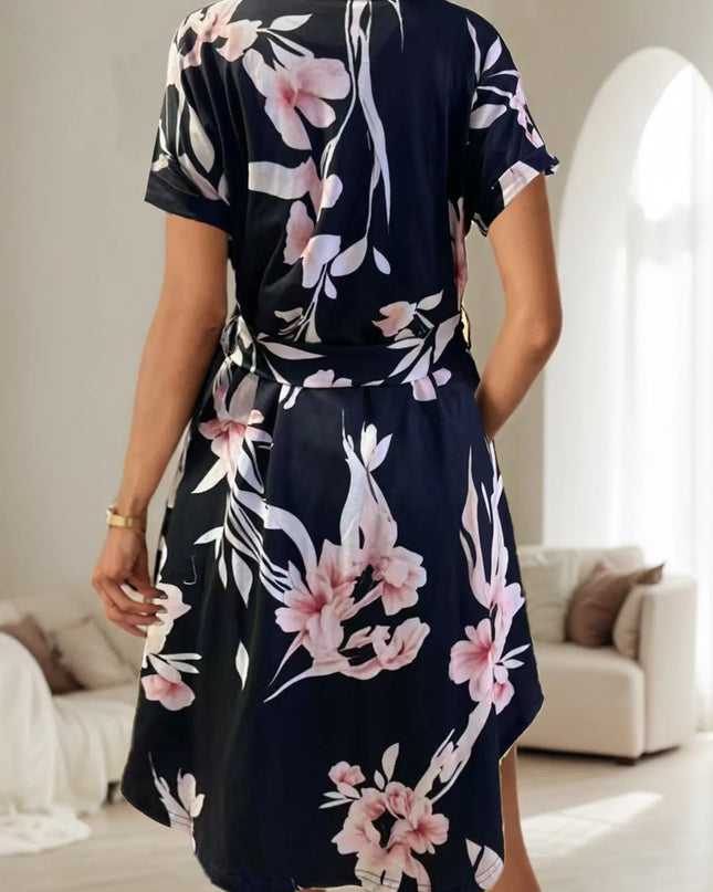 Abstract Print Belted Short Sleeve Midi Dress