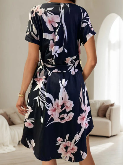 Abstract Print Belted Short Sleeve Midi Dress