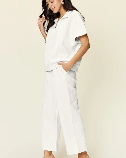 Double Take Full Size Texture Half Zip Short Sleeve Top and Pants Set