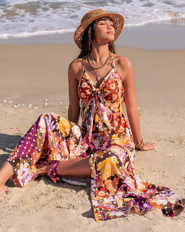 Slit Printed Halter Neck Cami Dress 