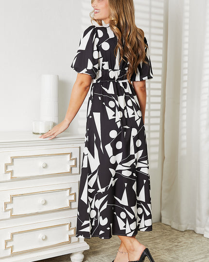 Printed Surplice Balloon Sleeve Dress