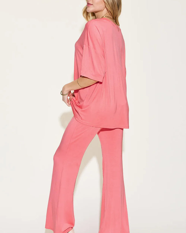 Basic Bae Full Size Bamboo Drop Shoulder T-Shirt and Flare Pants Set