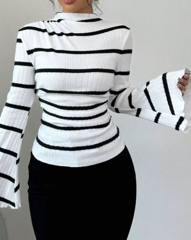 Striped Mock Neck Flare Sleeve Knit Top White
