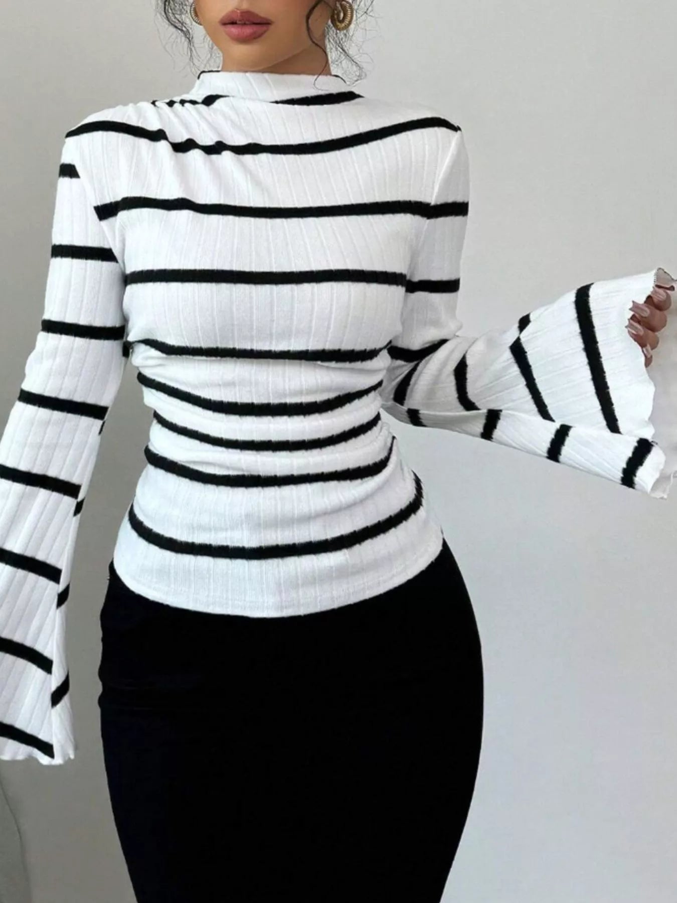 Striped Mock Neck Flare Sleeve Knit Top White