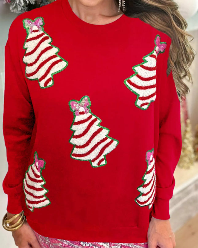 Christmas Tree Sequin Long Sleeve Sweatshirt Red