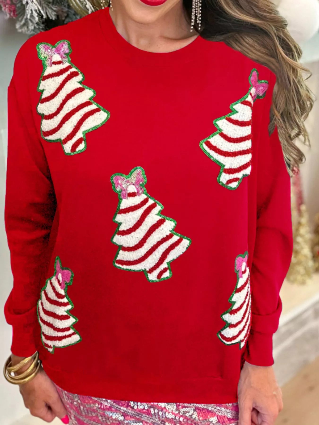 Christmas Tree Sequin Long Sleeve Sweatshirt Red