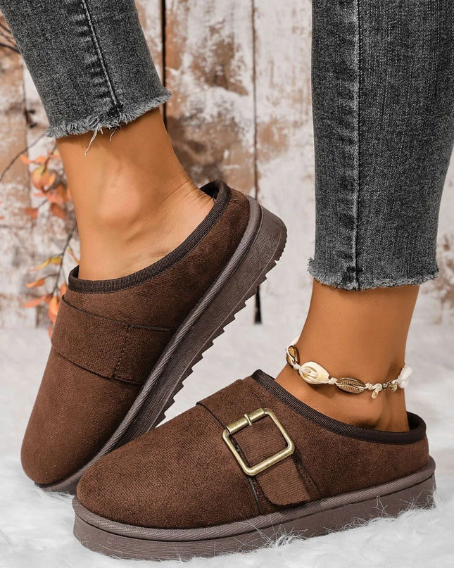 Cozy Buckle Suede Winter Slippers Brown