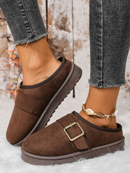 Cozy Buckle Suede Winter Slippers Brown